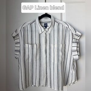GAP Striped Black & Off-White Capped Sleeves Linen Blend Button Down Tops Blouse
